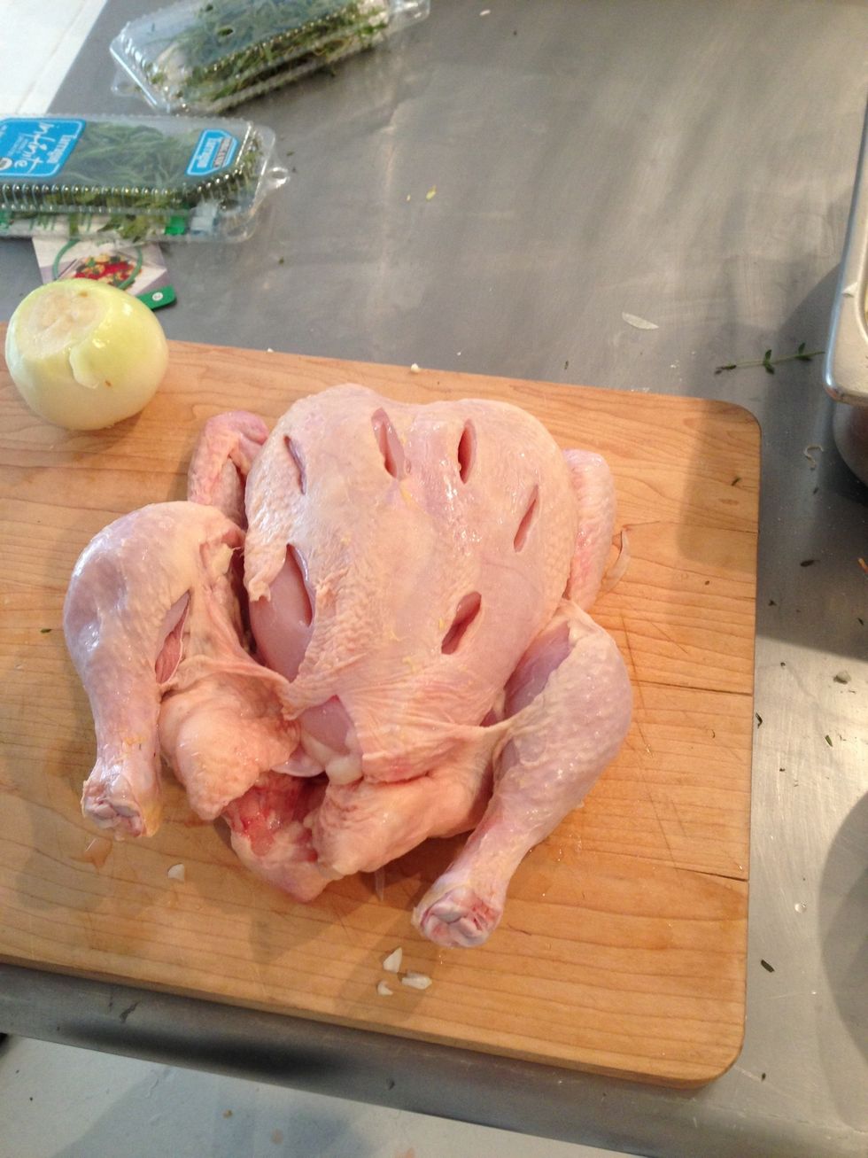 Cut slivers around chicken