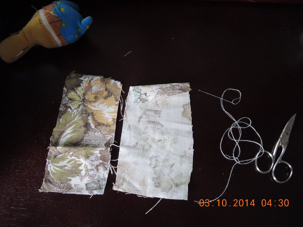 cut some fabric out make sure that when folded the sides are even to make sewing easier. I just used scrap fabric. Grab some thread and a needle