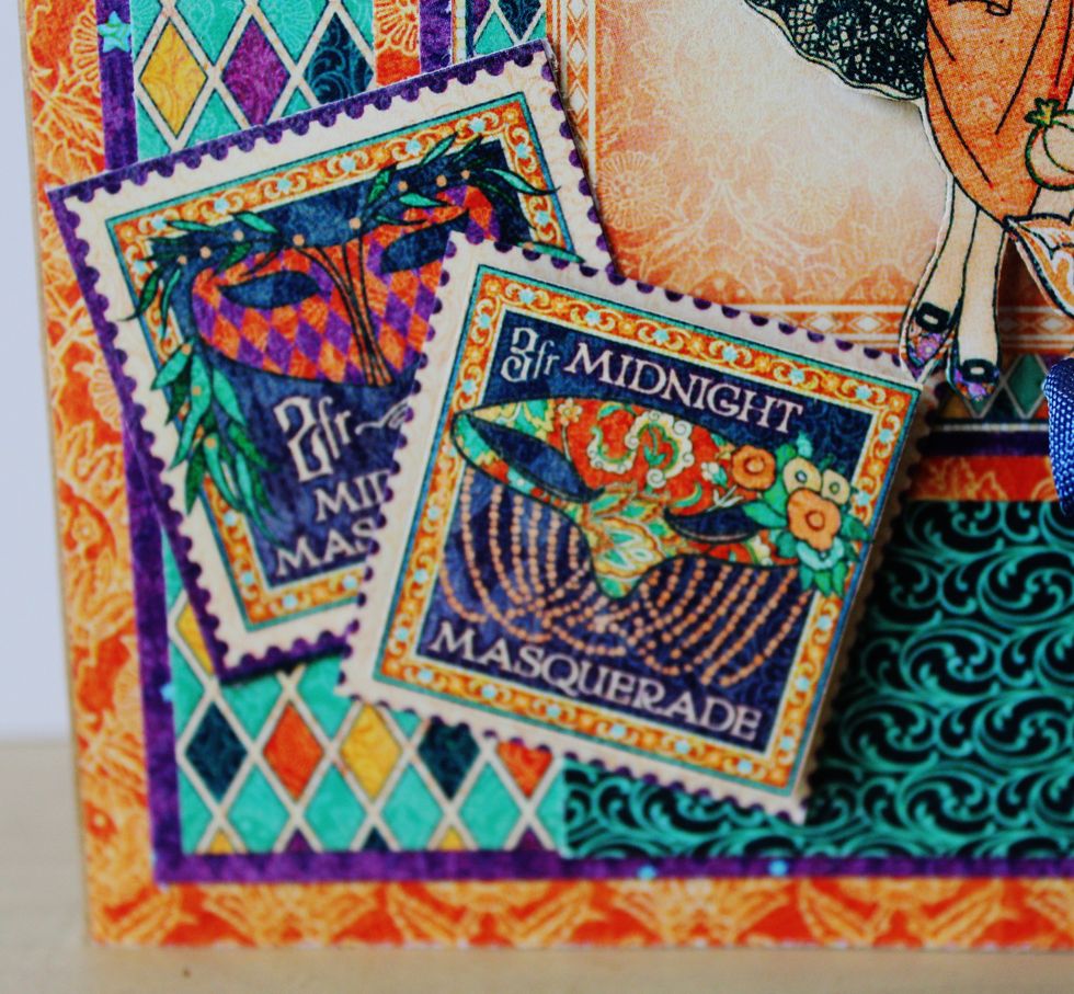 Cut stamps from pattern paper. Add to front of card front with pop dots.