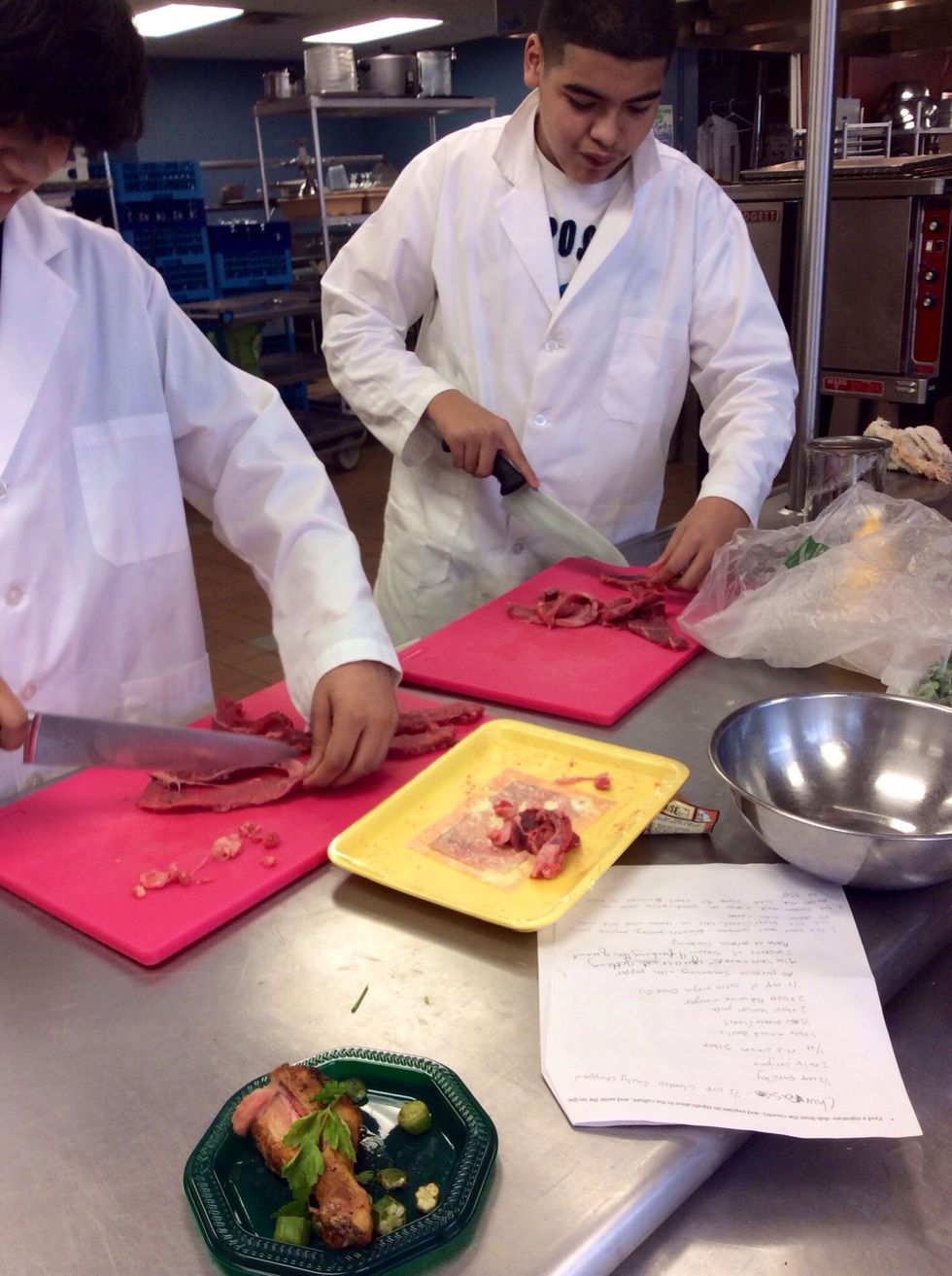 Cut steak in to small strips or cubes depending on personal preference. Remove fat.