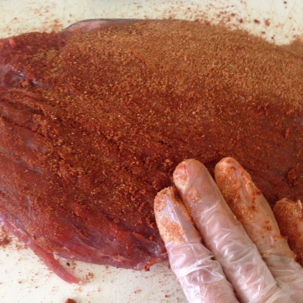 Cut steak into half, rub the steak with rub powder \ud83d\ude0a then place the steak in a crockpot.