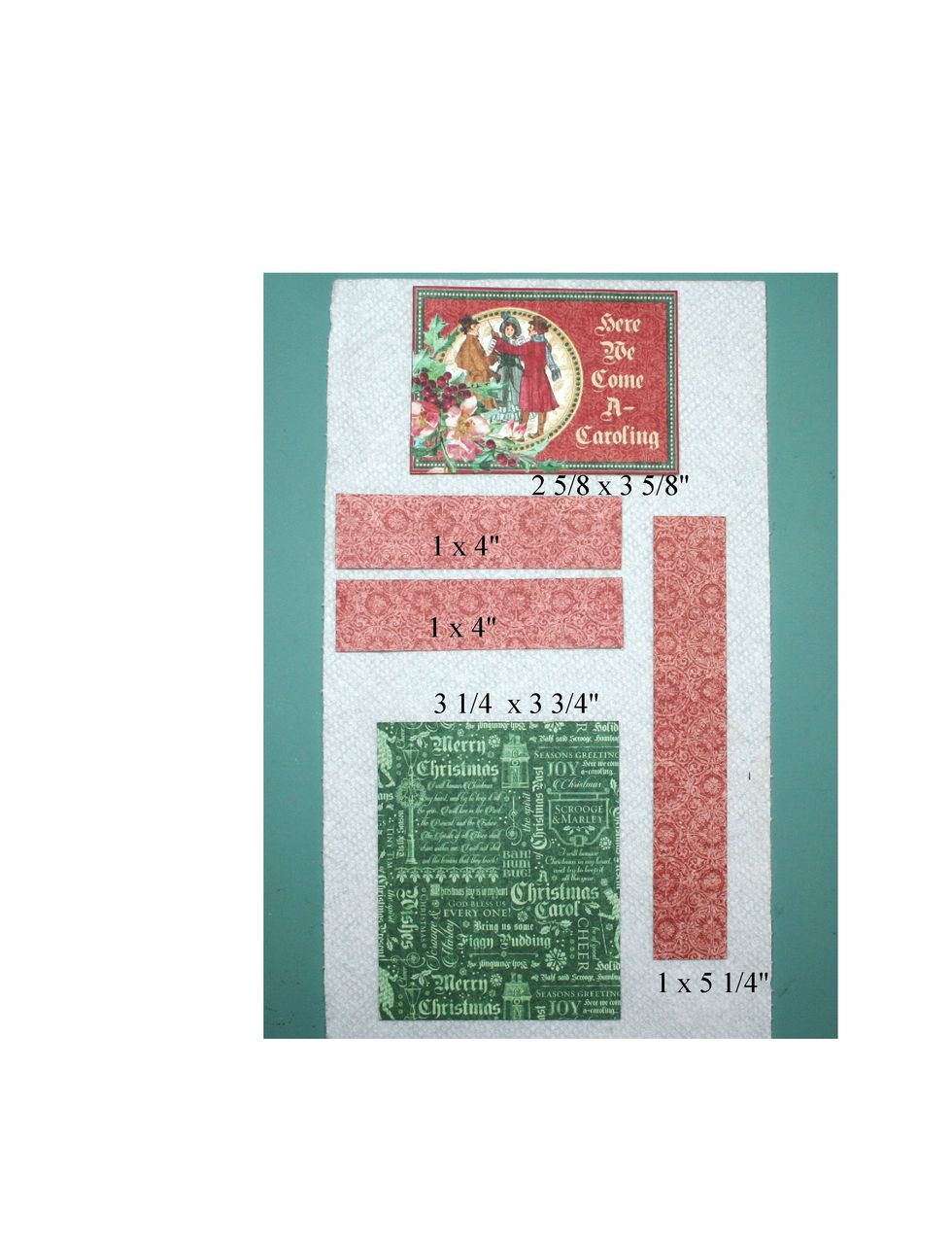 Cut strips as shown from the 6 x 6 Patterns & Solids pad. Choose an ephmera card & trim the edges as shown. You won't need the green patterned rectangle if you use a diecut pediment shown in step 8.