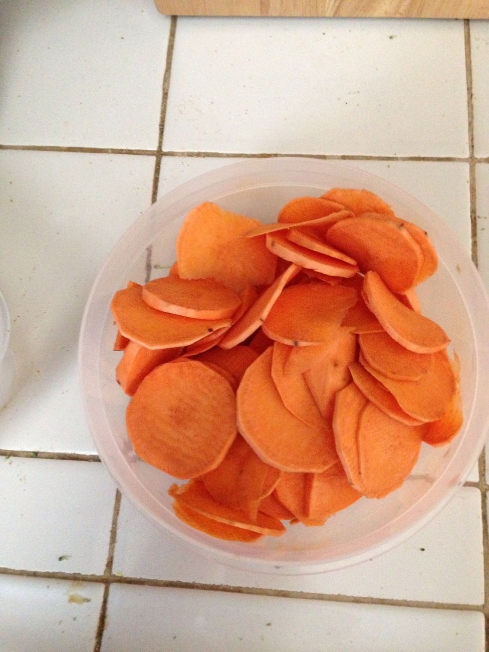 Cut sweet potatoes into thin slices