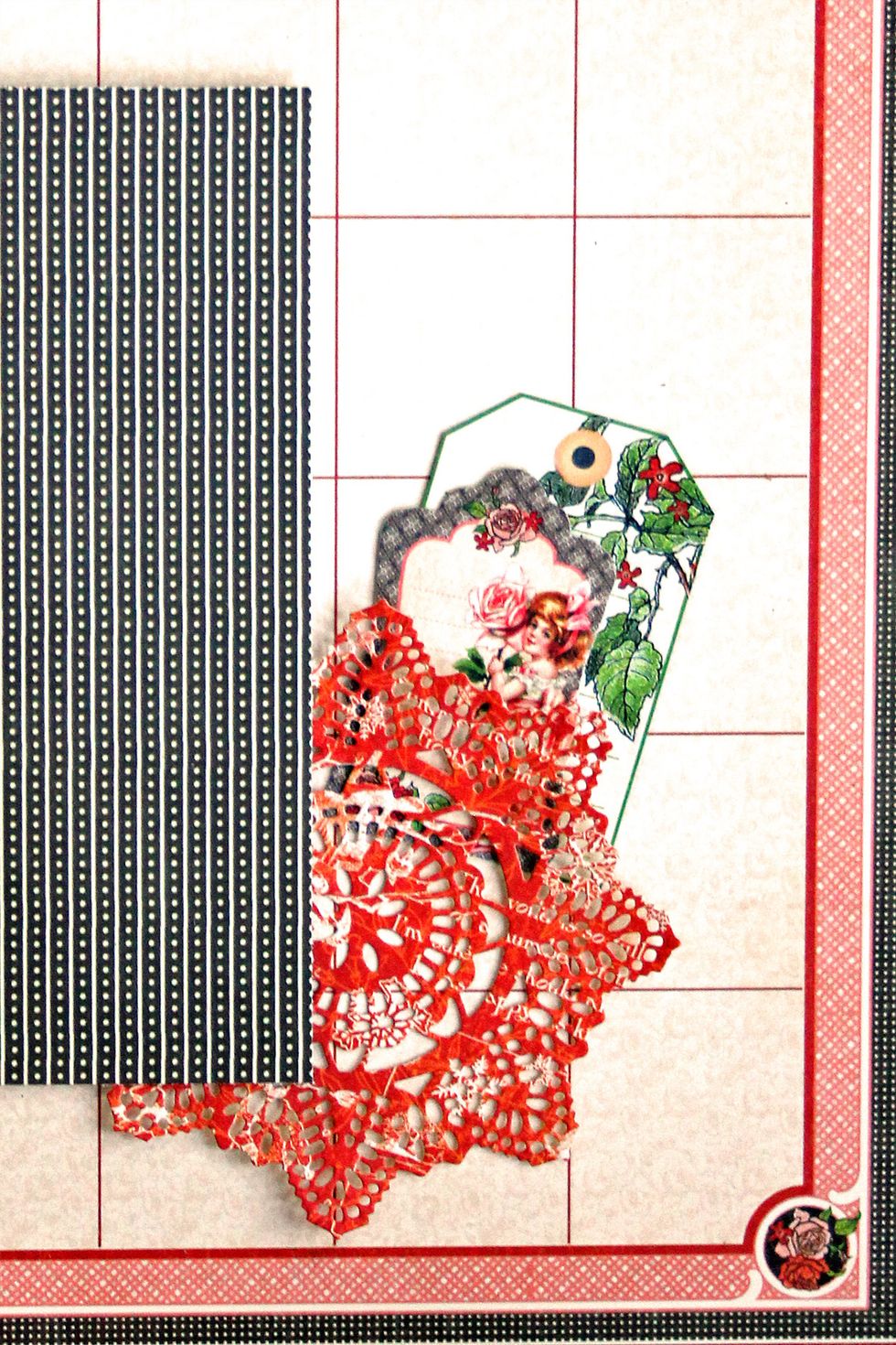 Cut tag shape from "February Collective" and add tag from the Tags and Pockets sheet.  Place tags behind die cut doily at the lower, right side of the photo mat.