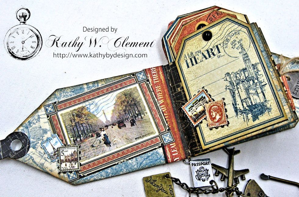 Cut tags and images from 8x8 book and glue in place as seen here. I fussy cut postage stamps and layered on to add more dimension and visual interest.