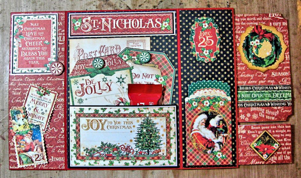 Cut tags from Season's Greetings and trim an ephemera post card to fit in the pocket. Decorate with Banner Pieces, Chipboard and Tags and Pockets. NOTE: Card will not close with chocolate in pocket.