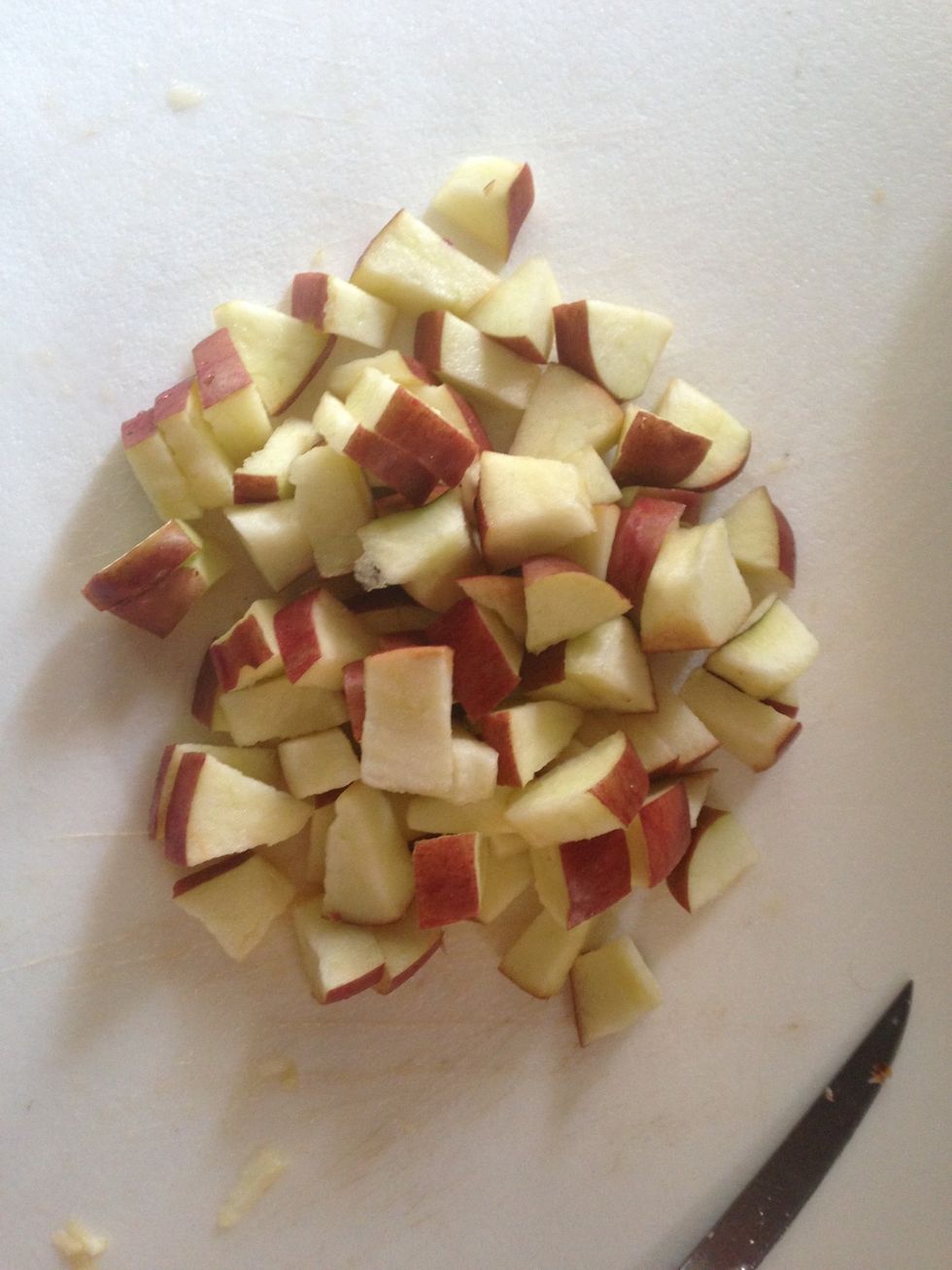 Cut the apples up into small pieces. Be sure not to get any seeds or core in there. This is one of my two apples here.