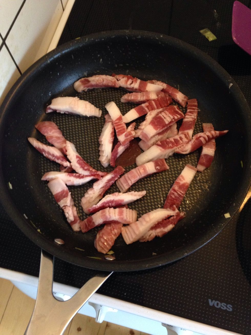 Cut the bacon and fry till it is crispy. Pour onto a plate with kitchen towel to remove some of the fat. Set aside.