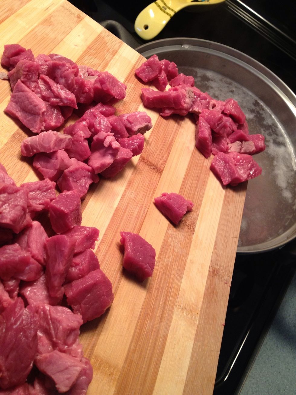 -Cut the beef in small cube -Put beef cube in boiling water for 1 hour -Remove beef cube from boiling water