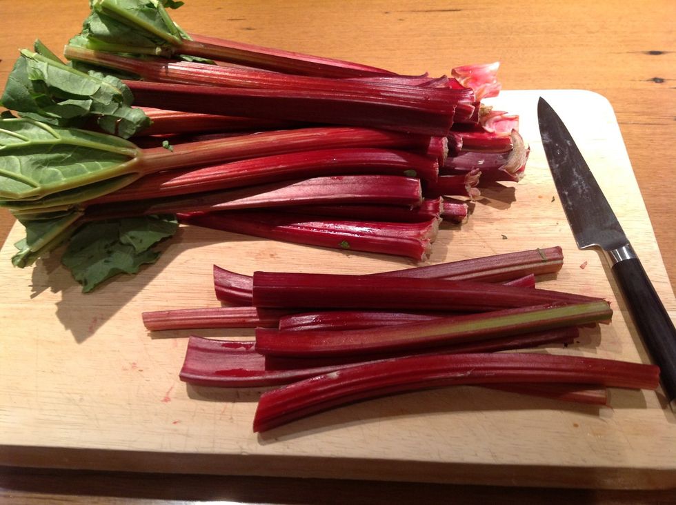 Cut the both ends off the rhubarb stalks and wash to remove dirt. Make sure all the leaves are cut off because the are poisonous. Only the stalks can be eaten.