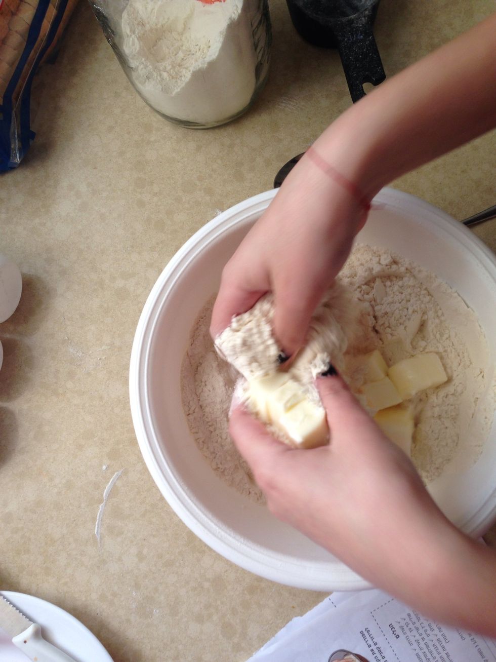 Cut the butter into small pieces and add it to the bowl blend with the flour