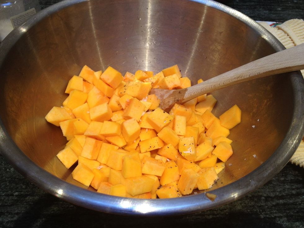 Cut the butternut squash into 1/4 inch chunks. Toss with some olive oil, sea salt and pepper.