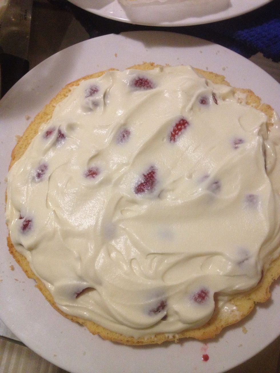 Cut the cake into two and put some strawberries & whipped cream until it covers all the strawberries...last step,cover it back with the top layer of the cake