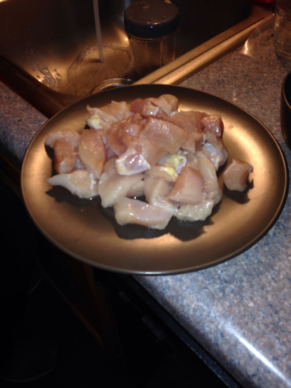 Cut the chicken breast into bite size pieces (I used three breasts)
