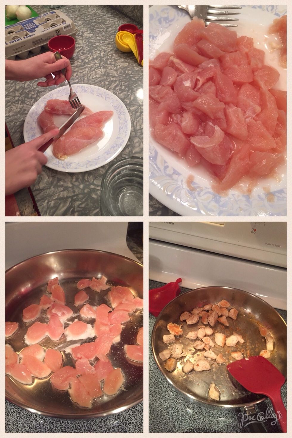 Cut the chicken breasts into small pieces. Cook on medium heat until outsides look brown and slightly crispy.