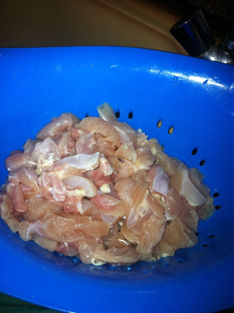 Cut the chicken to small and tall pieces like this :P