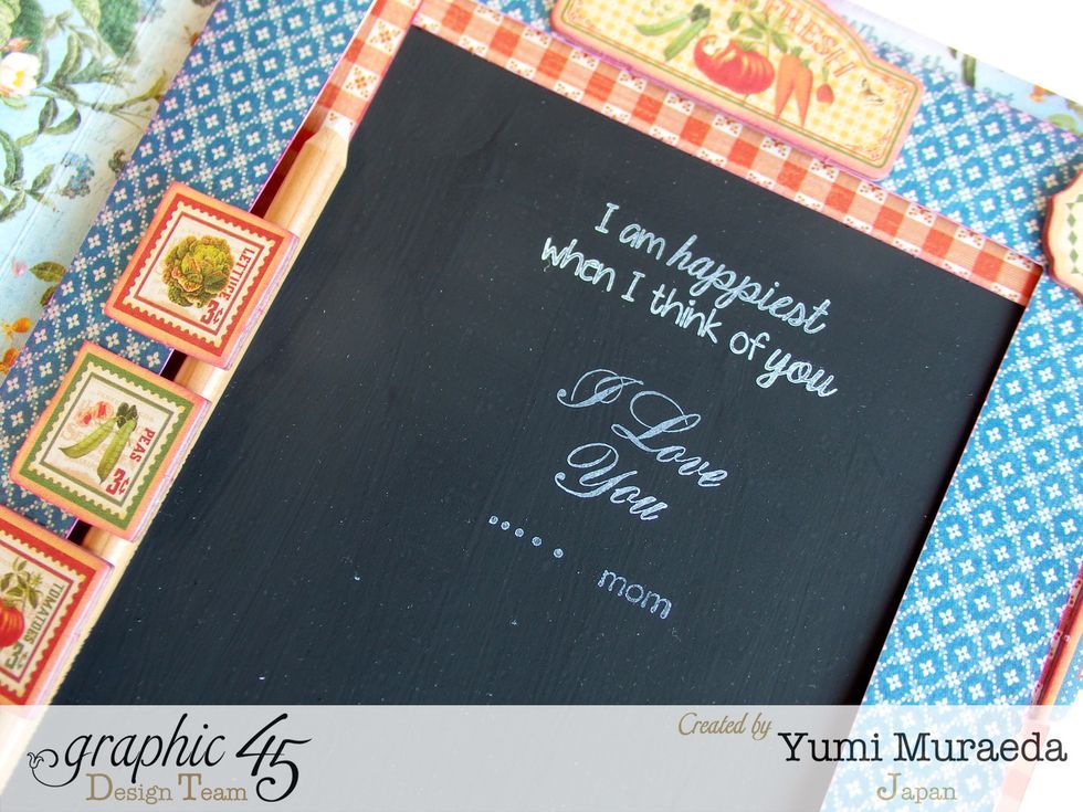 Cut the chipboard sized 6 1/2'x9 1/2' and paint black withFaber Castell Chalk Board Paint and stamp