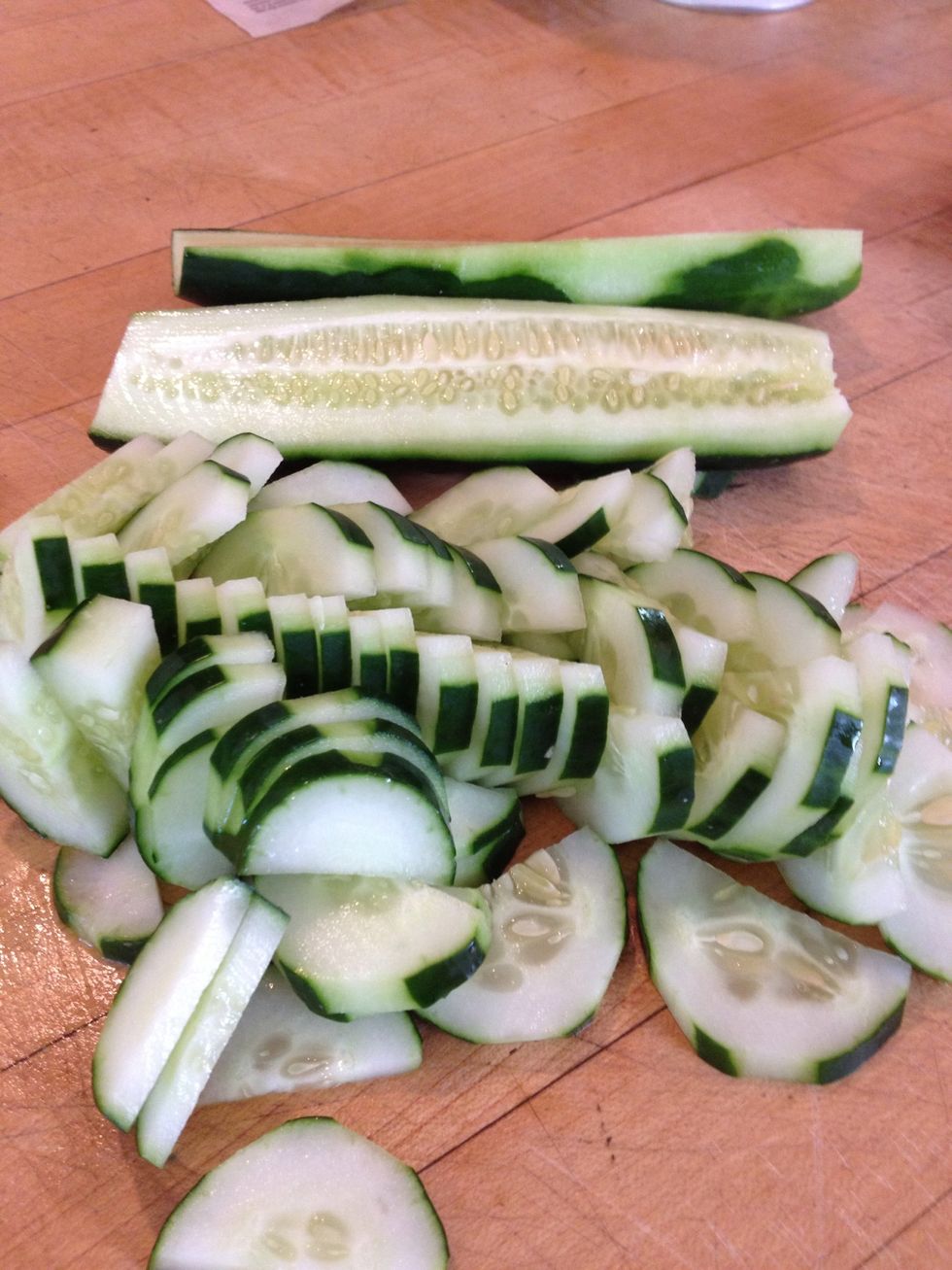 Cut the cucumbers in half crosswise and then again into thin slices. Note I used regular cucumbers with seeds this time and it was just as good! Place in a non reactive bowl.