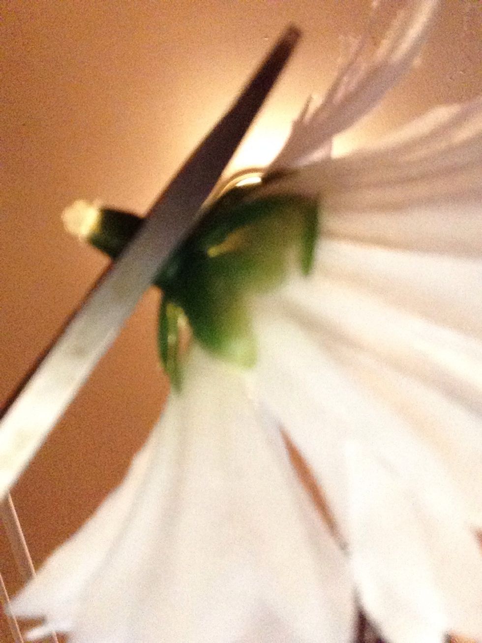 Cut the cylinder at the bottom of the flower far enough to take of all the green spots! DO NOT DO THIS WITH ALL THE PINK/ SECOND COLOURED FLOWERS. I CUT ONE PINK FLOWER AND KEPT FOUR OF THE PINK ONES.