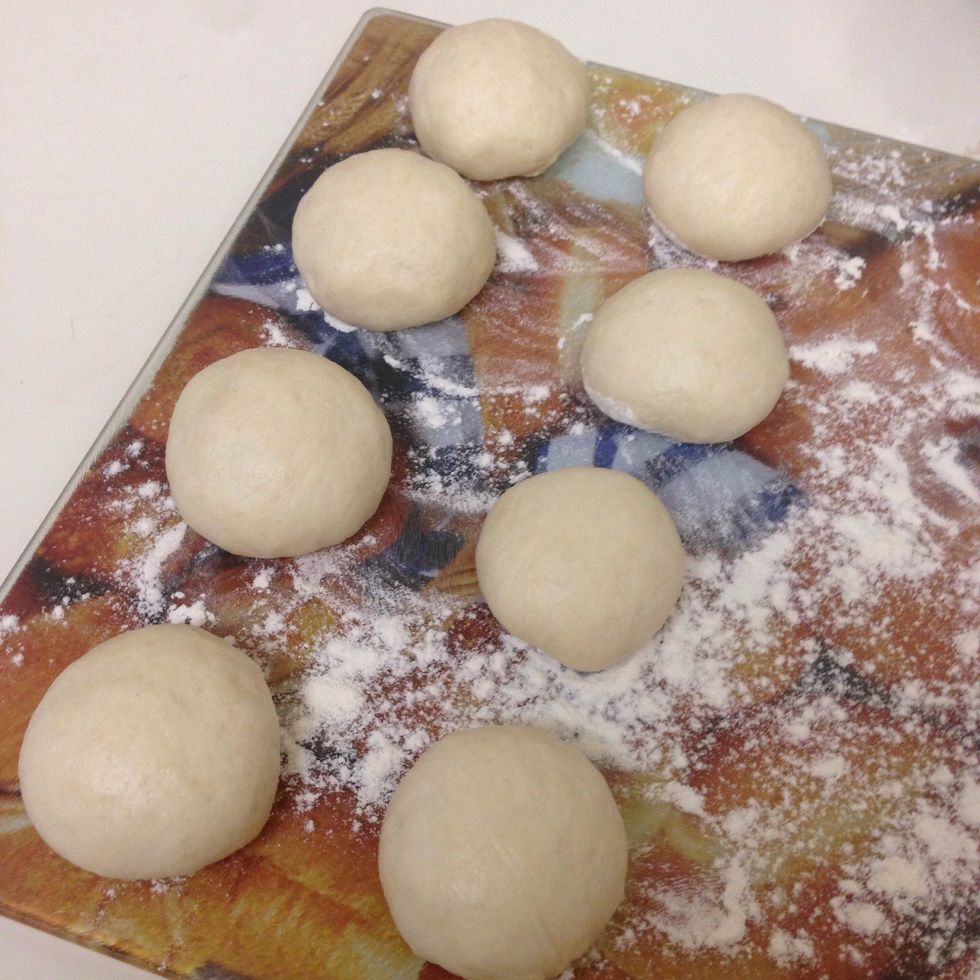 Cut the dough into 8 equal pieces .. They should be like a baseball size