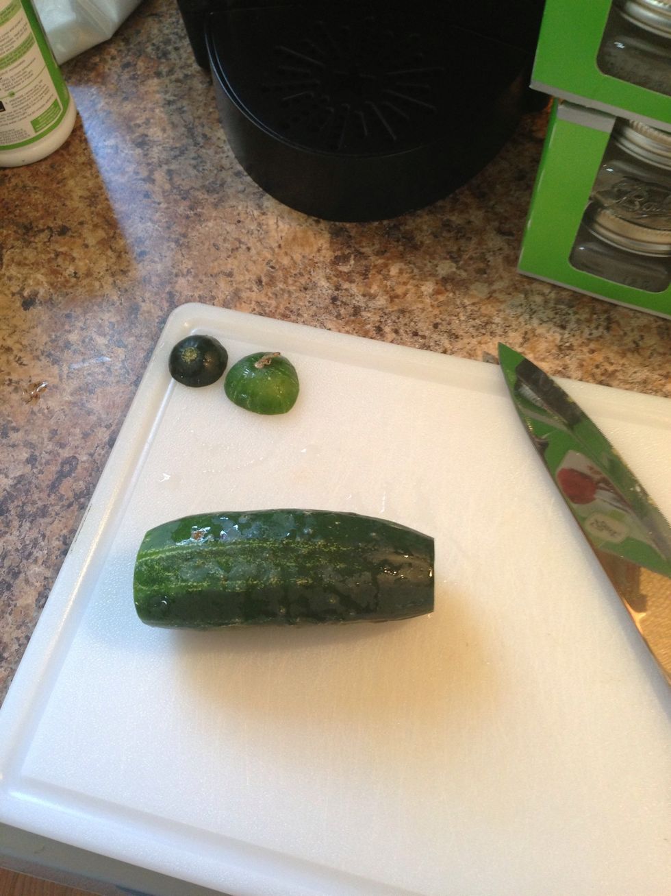 Cut the ends off. The stem has an enzyme that will cause the cucumber to get soft and mushy, nobody wants a mushy pickle. And.. Nobody wants bloody pickles so be careful when using the knife!