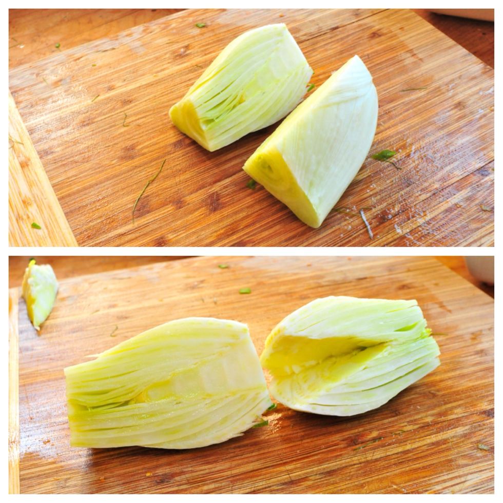 Cut the fennel bulb in half then cut a "V" in the middle to remove the root.  See picture.  Fennel is so good for our body!  It is a great antioxidant and is commonly used in Italian food.