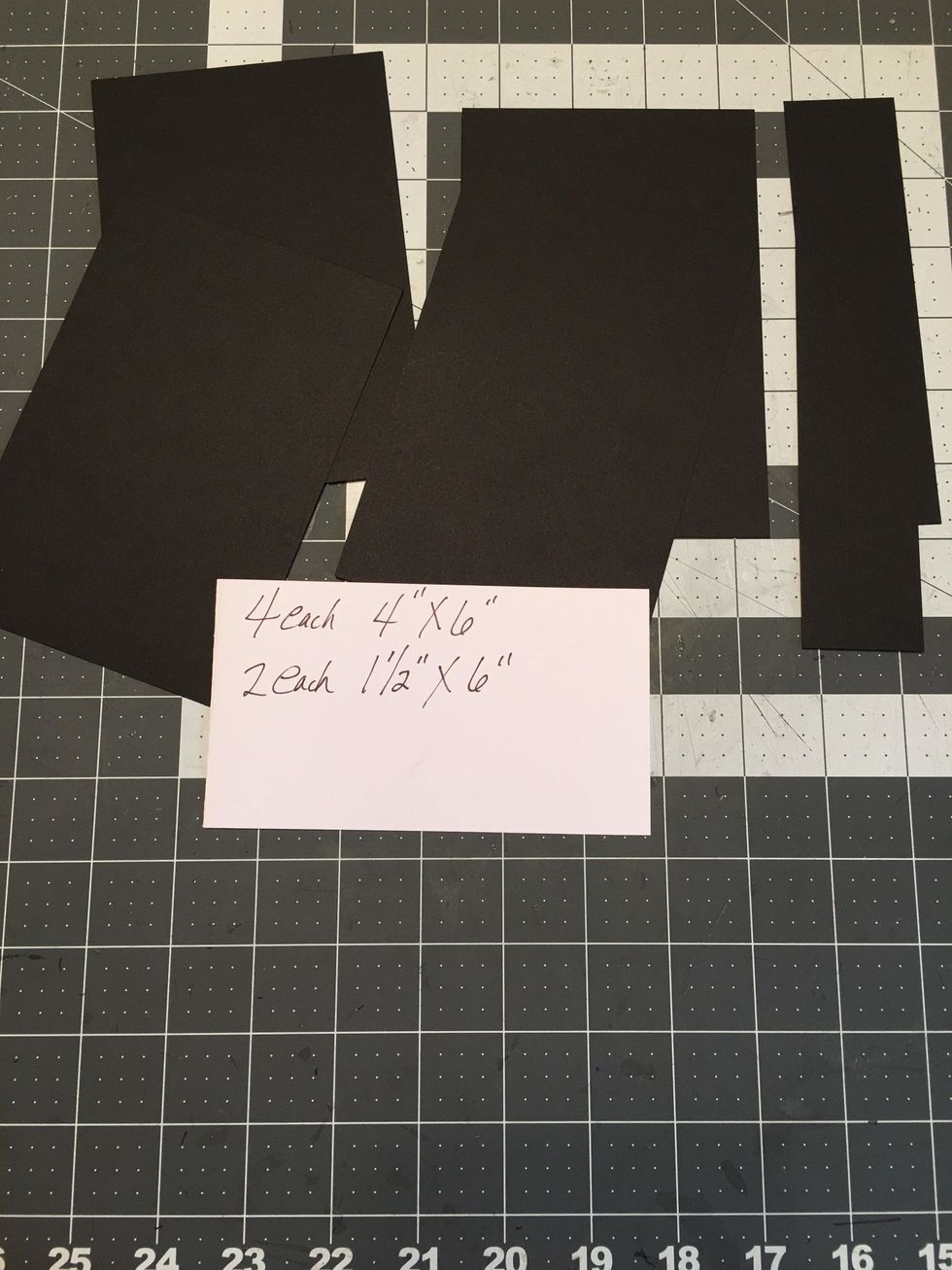 Cut the following pieces from black cardstock: 4 each 4" x 6" and 2 each 1 1/2" x 6"