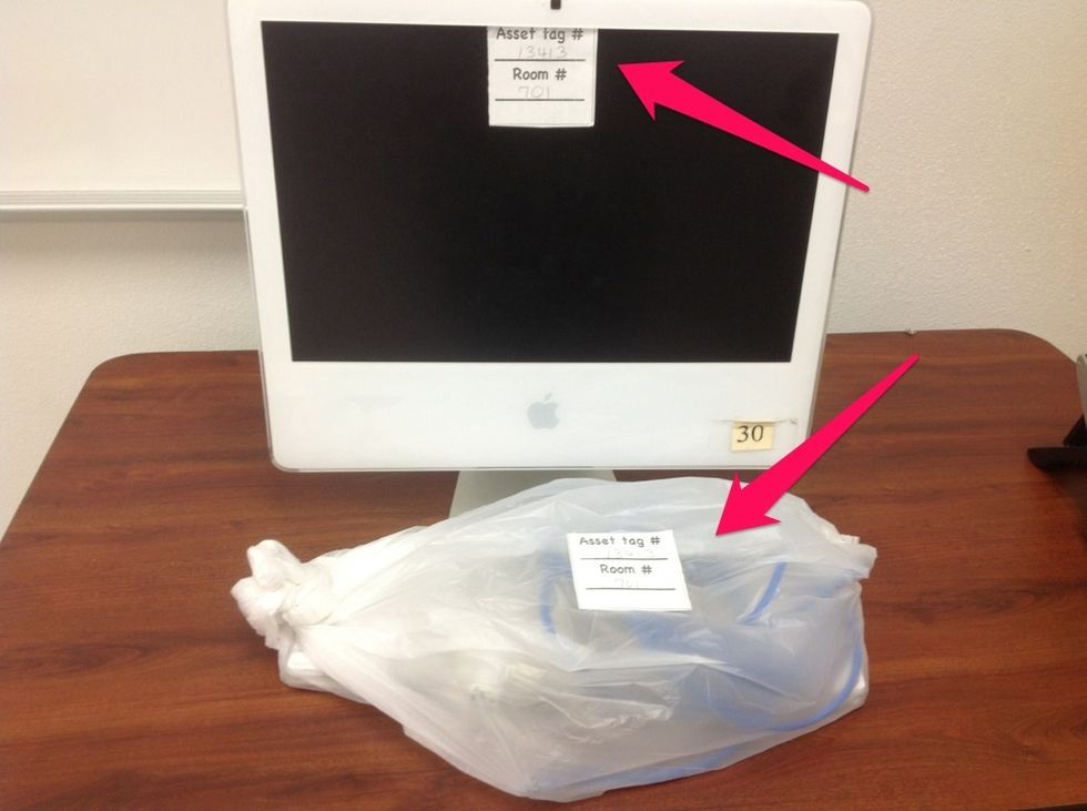 Cut the forms apart. Tape one copy to the FRONT of the computer and one to the BAG containing the Keyboard, Mouse, Power Cable, and Ethernet Cable.