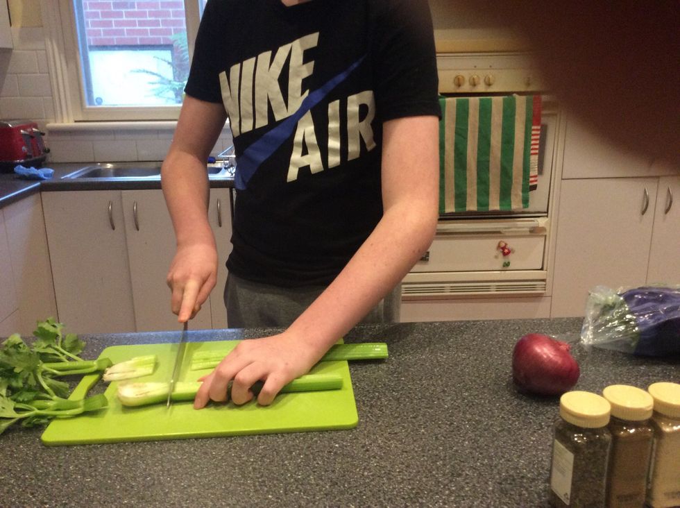 Cut the heads and ends of your celery stalks so you just have the middle part remaining.