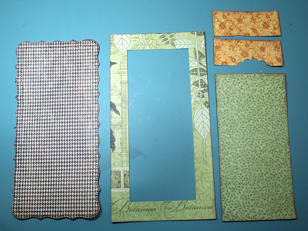 Cut the layers for page 2 as follows: Botanical News-5x10.25" (punch around the border) ; Birds in Paradise-5.5 x 10.5" and 4x8"; scraps from Summer Sonata-2 pieces @ 1x4". Ink the edges