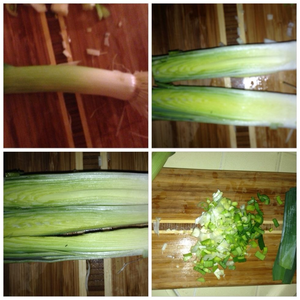 Cut the leeks. Chop off the dark green tops, cut long ways in half, then quarter, then finely chop, as seen above.