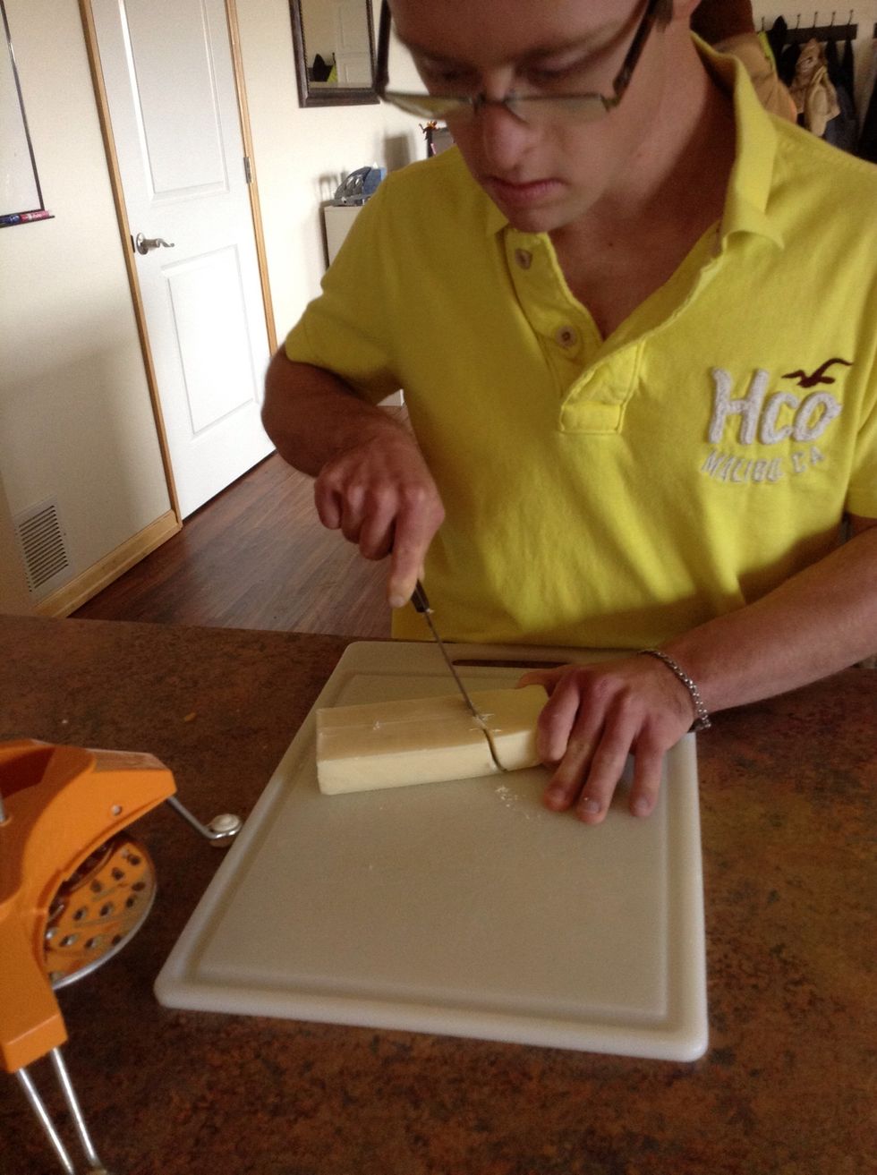 Cut the Monterey Jack cheese and cheddar cheese into small pieces