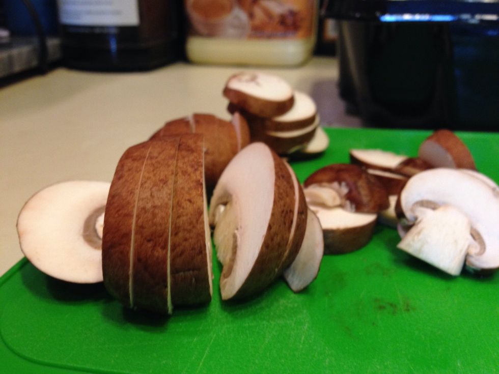 Cut the mushrooms into slices. Once the bacon is done cooking put it in a bowl and then cook the mushrooms in the same pan until they are slightly wilted.