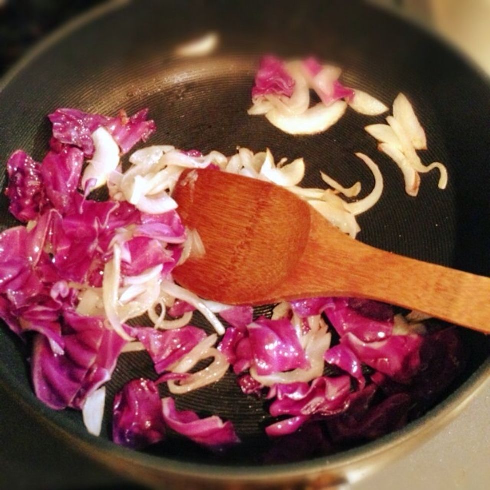 Cut the onion and red cabbage Sweat the onion and cabbage together in a pan with olive oil