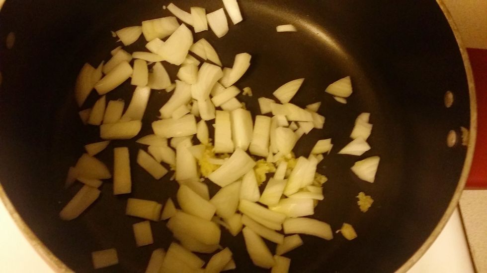 cut the onions into pieces and crush the garlic, add olive oil and cook 5 min