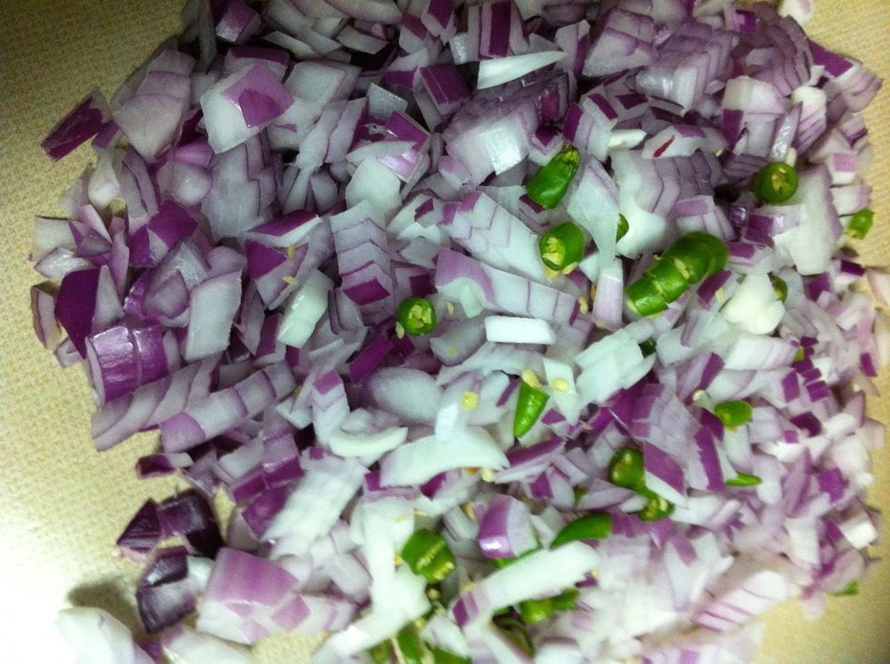 Cut the onions small and green chillies too. I you like it hot can add more green chillies. In a pan add olive oil and onions and green chillies fry them until they turn translucent then turmeric.