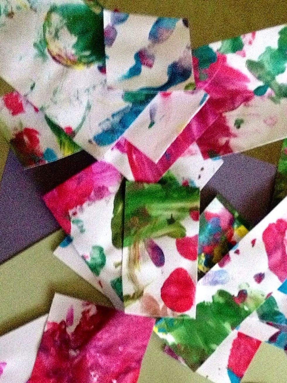 Cut the painted paper into different length strips. Place on the 8x10 card stock in a collage fashion. Make sure to cover the entire base.