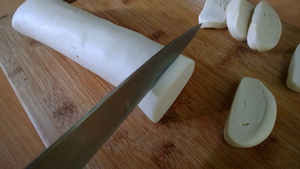 Cut the pastry into 1cm pieces. Don't worry if they're not exactly the same. That's the fun of pastry. You can have the big piece and give the small ones to the kids.