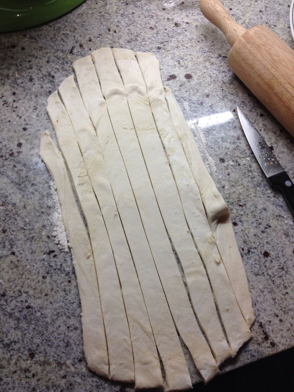 Cut the puff pastry into long strips about an inch thick. This will be used to wrap around the apples like a mummy.