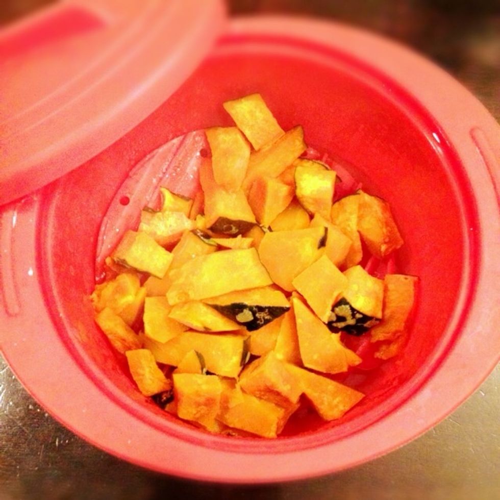 Cut the pumpkin into small pieces and microwave until soft
