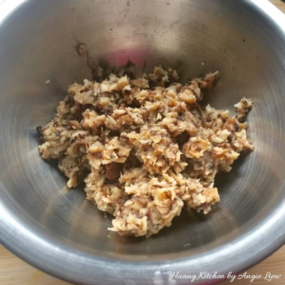 Cut the rehydrated mushrooms into smaller pieces. Blend well the mushrooms together with stems.