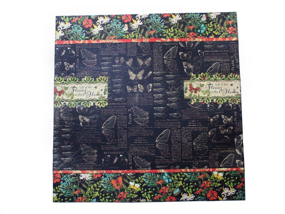Cut the remaining border punched strip of Diary of a Botanist in half horizontally.  Cut the "Life is the Flower..." strip from Seasonal Splendor & glue the punched border (con't next page)