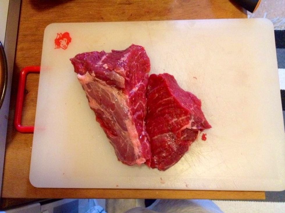 Cut the rib in smaller pieces. Take out a frying pan or similar to fry the meat before cooking it with the other ingredients.