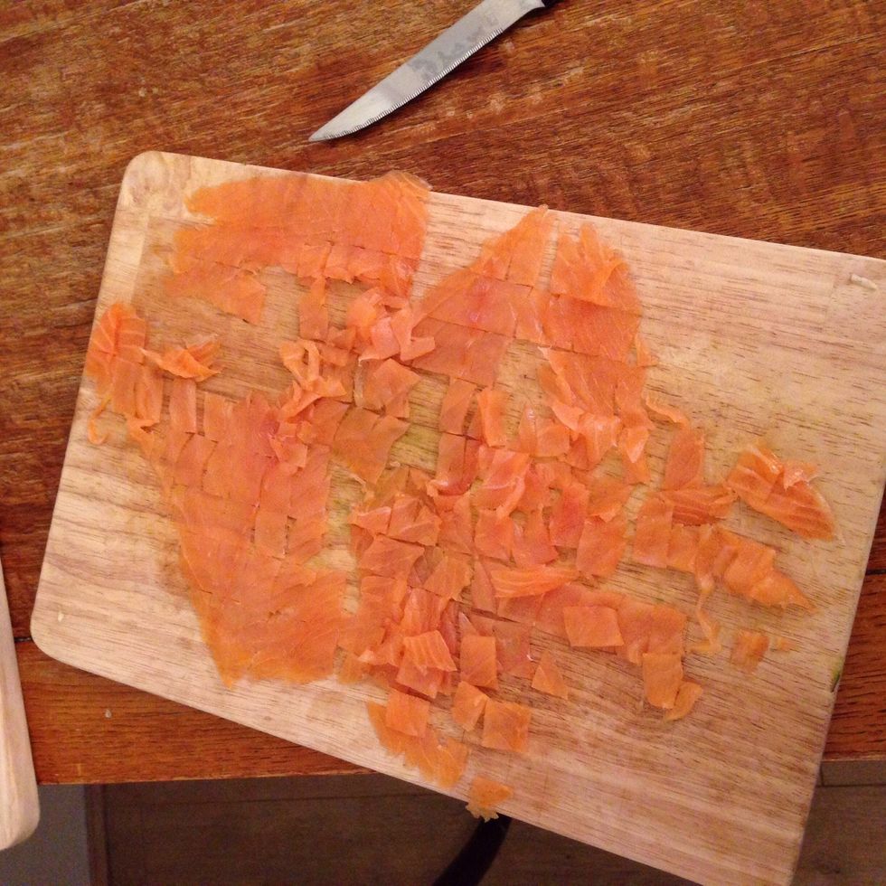 Cut the smoked salmon into 1cm by 2cm pieces