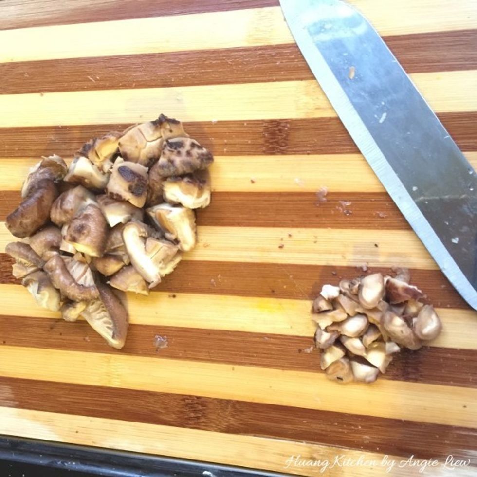 Cut the softened mushrooms in halves or quarters and minced the mushroom stems for later use.