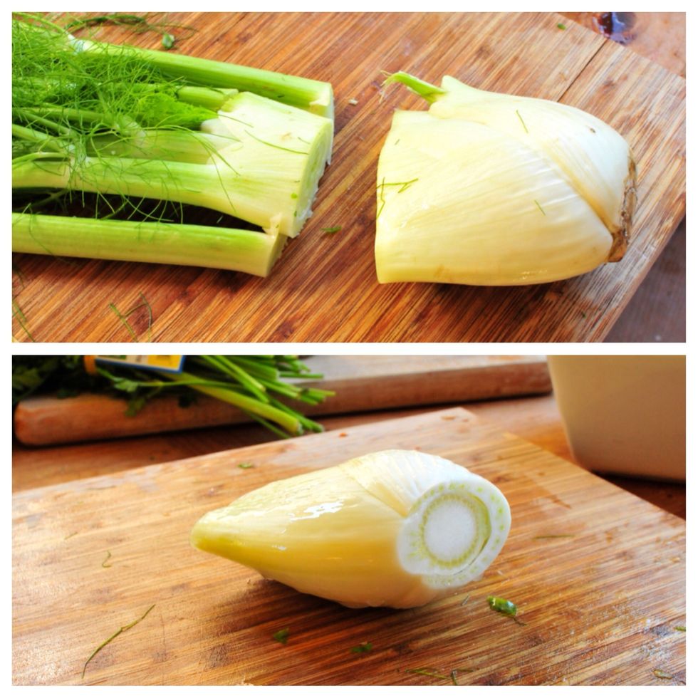 Cut the stems of the fennel off, and trim the bottom.