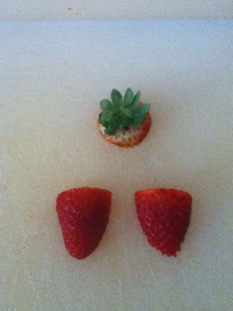 Cut the strawberrys like this you can throw away the top bit away