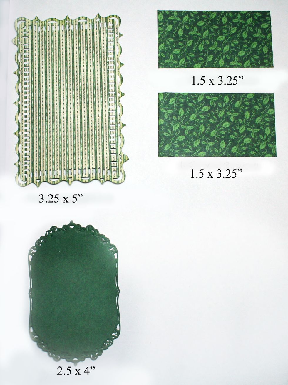 Cut the striped rectangle and diecut oval frame from the 6 x 6 patterns and solids pad.  Border punch the rectangle.  Cut the two small rectangles from Scrooge & Marley.