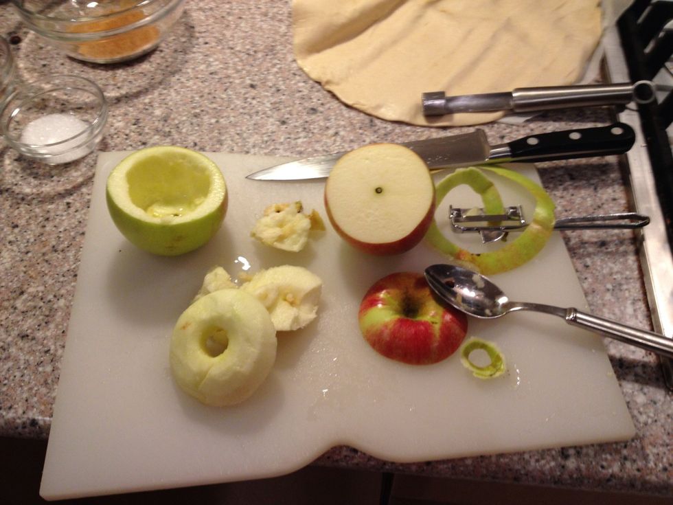 Cut the top of and hollow out your apples. Make sure you don't cut thru the bottom of your apple. Peel and dice the top and the part you took out of the apple minus the core.