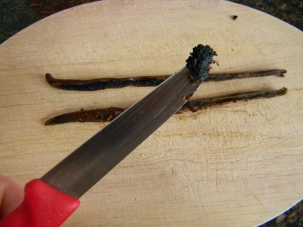 Cut the vanilla bean in half and scrape out the seeds. You can use the peel afterwards to make vanilla sugar. Rima Mathewson has a good guide for that.